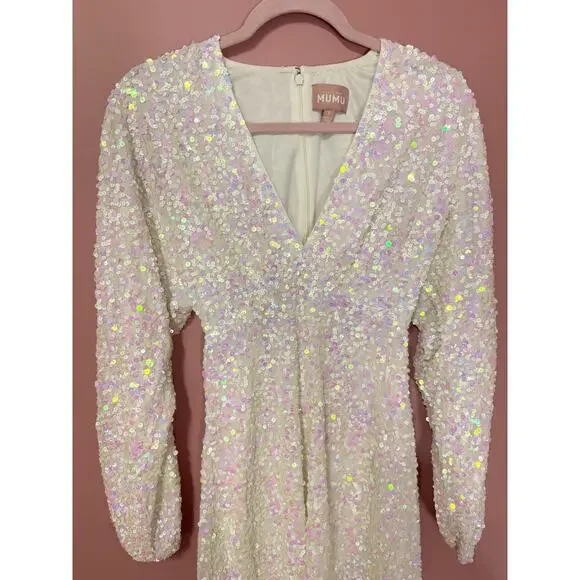 NEW Show Me Your Mumu Kidman Long-Sleeve Sequin Mini Dress in White Size Small